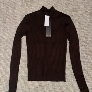 TRUTH Dark Brown Tight Knit Ribbed Mock Neck Sweater